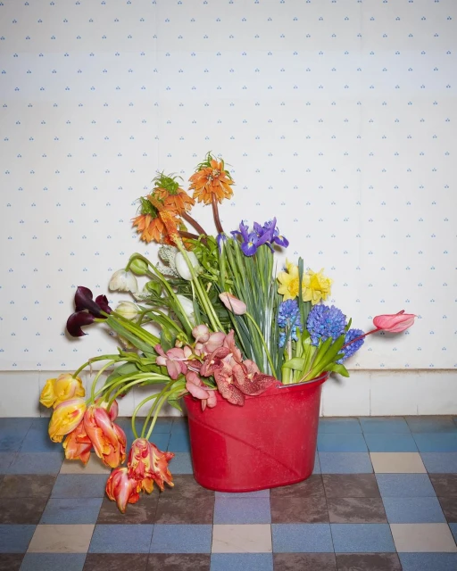 Still life arrangement of various colorful flowers in a red plastic bucket on a checkered tile floor against patterned wallpaper.
