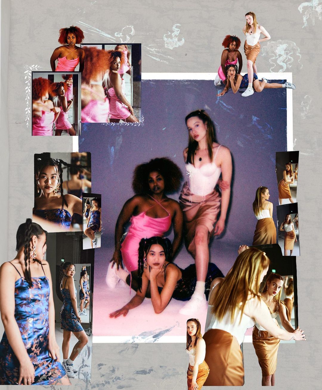 Collage featuring diverse women in satin dresses and skirts in a photo studio with multiple smaller images for a fashion editorial.