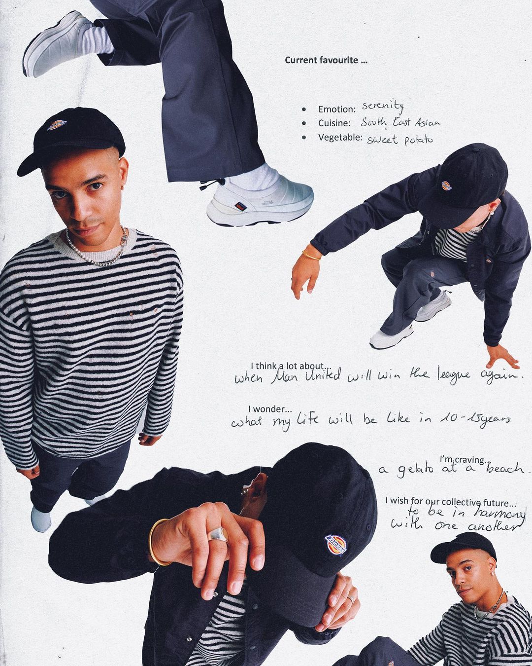 Collage-style fashion layout featuring a young adult man in streetwear posing in various stances against a bright, neutral background.