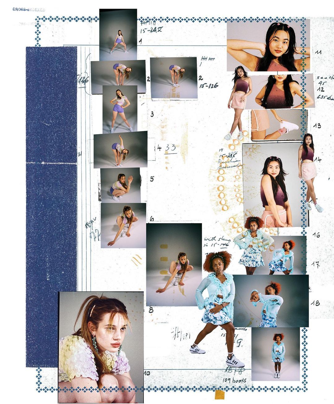 Collage of fashion shots with women in pastel clothing, featuring different poses, against a background of handwritten notes and designs.
