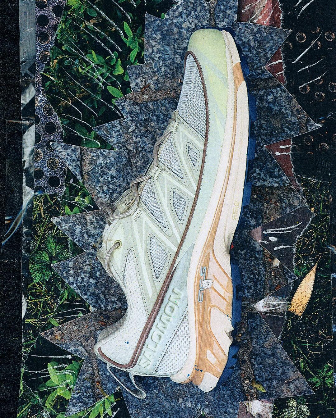 Still-life shot of a Salomon trail running shoe against a textured backdrop of natural elements and graphic patterns in beige and gray.