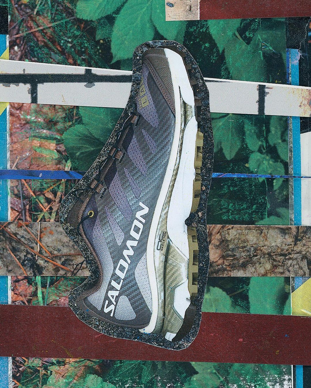 Salomon athletic shoe is displayed on a colorful collage background with various images of nature and abstract patterns, creating a layered visual.