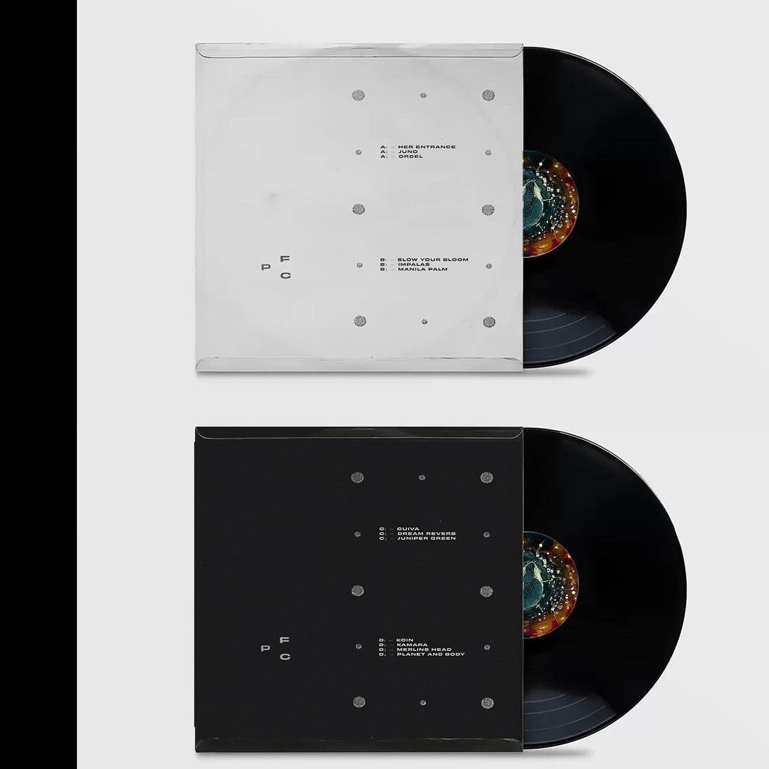 Two vinyl records in light gray and black jackets displayed against a gray backdrop, each featuring tracklist text and minimalist design.