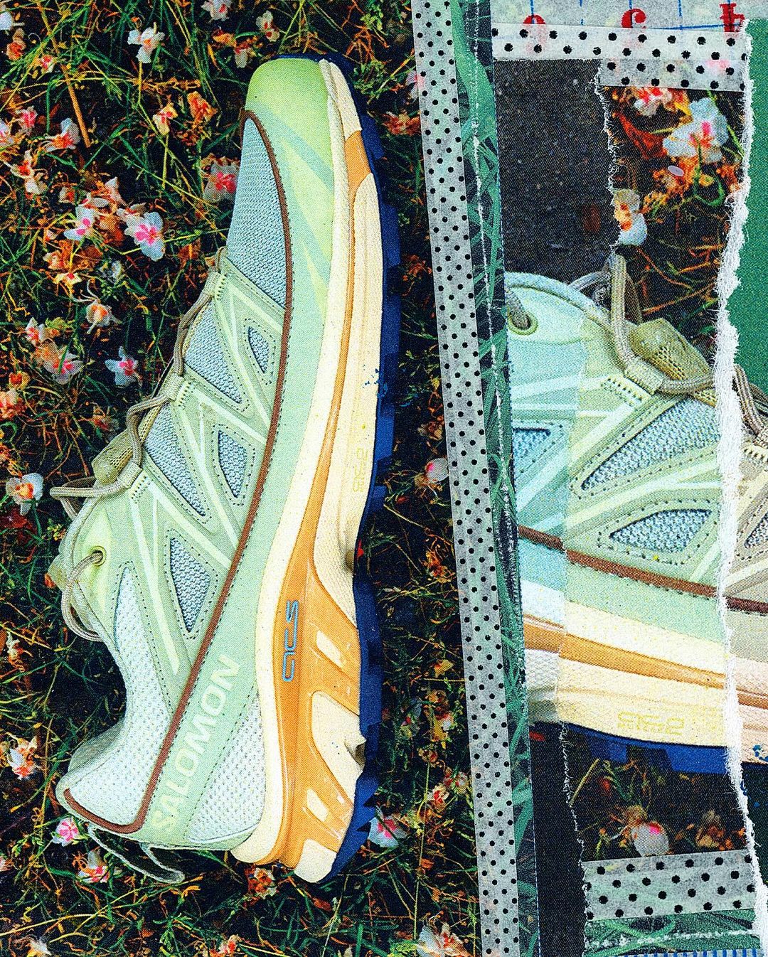 Salomon running shoe collage featuring grass, flowers, paper scraps, and the Salomon brand logo, creating a unique and vibrant athletic aesthetic.