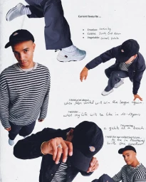 Collage style fashion portrait of a young man wearing a striped sweater and black cap against a white background