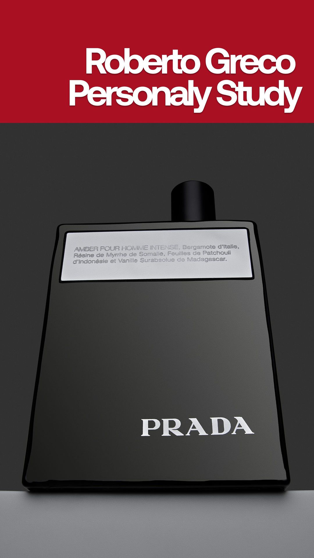 Prada amber pour homme fragrance bottle on gray background, studio shot with red banner at the top containing text.