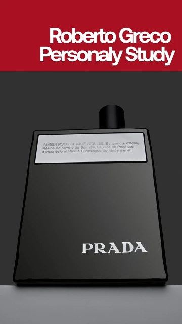 Prada amber pour homme fragrance bottle on gray background, studio shot with red banner at the top containing text.