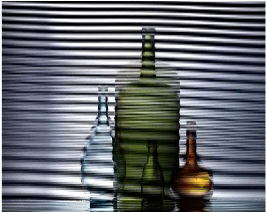 Still life featuring an arrangement of glass bottles in varying shapes and colors, captured with a blurred horizontal stripe effect.
