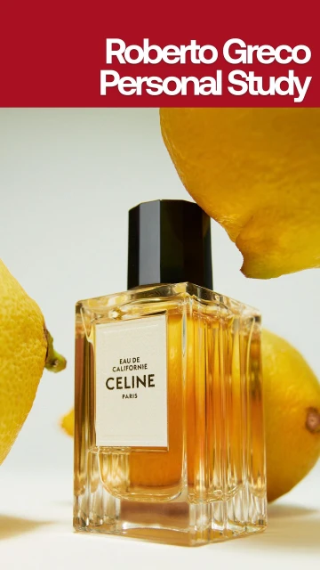 Celine perfume bottle displayed with lemons, set against a bright, neutral background in a studio product shot for fragrance branding.