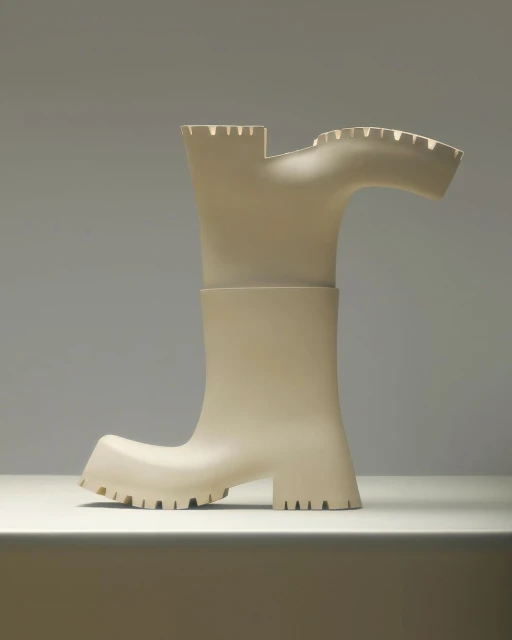Abstract boot sculpture made of matte off-white material displayed on a white surface with a neutral-tone background in a studio setting.