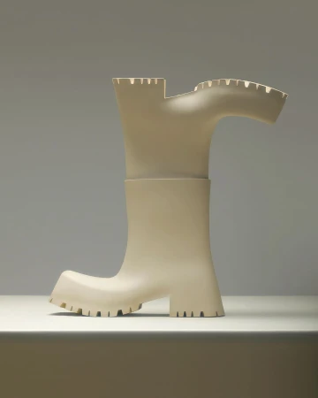 Abstract boot sculpture made of matte off-white material displayed on a white surface with a neutral-tone background in a studio setting.