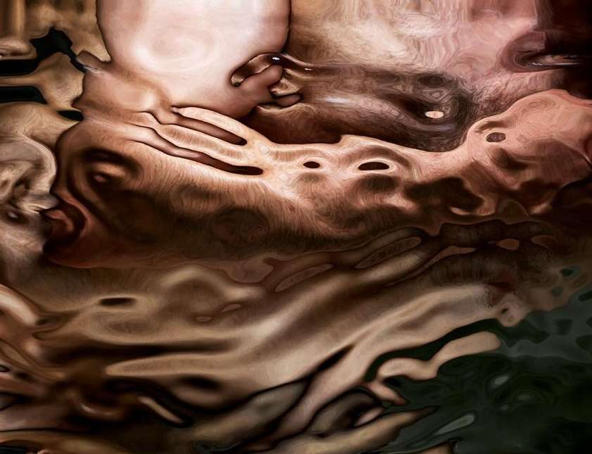 Abstract water art with liquid textures and a moody, mysterious feel in shades of brown, black, and tan, creating an organic water pattern.