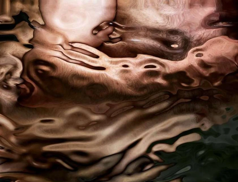 Abstract water art with liquid textures and a moody, mysterious feel in shades of brown, black, and tan, creating an organic water pattern.