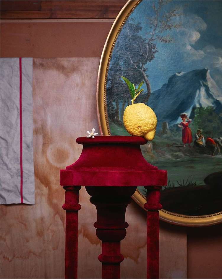 Still life shot of a lemon with leaves on a red velvet pedestal table with a landscape painting in the background.