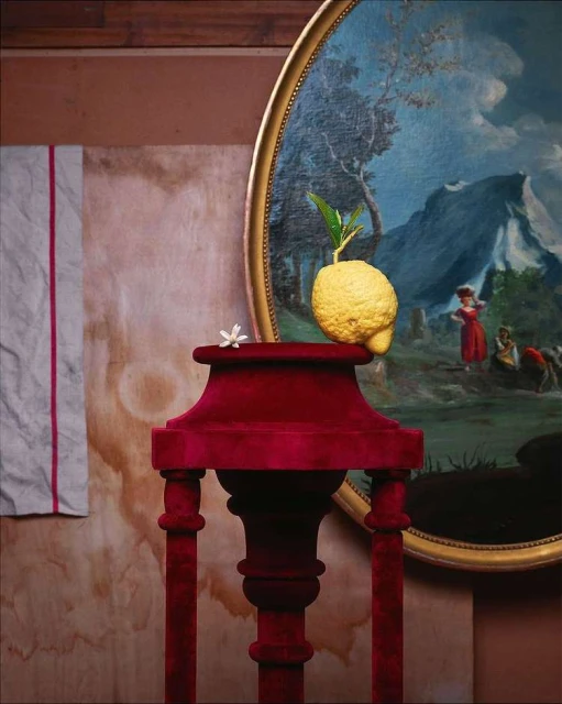 Still life shot of a lemon with leaves on a red velvet pedestal table with a landscape painting in the background.