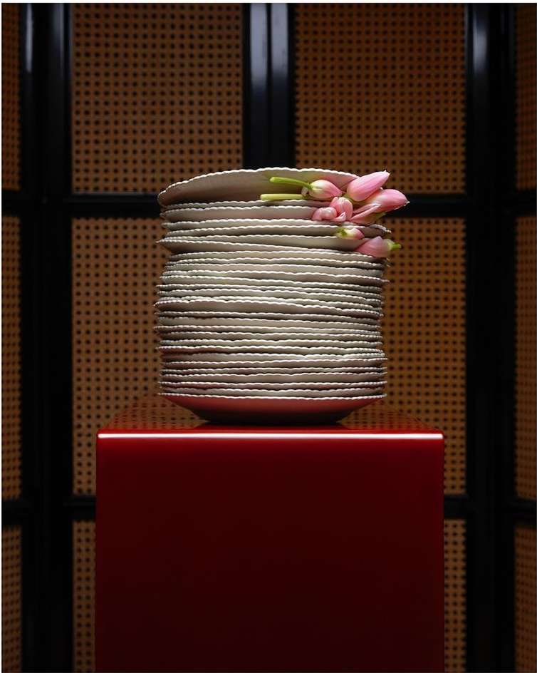 Stack of white plates adorned with pink tulips on a red pedestal, set against a backdrop of black framing and woven texture.