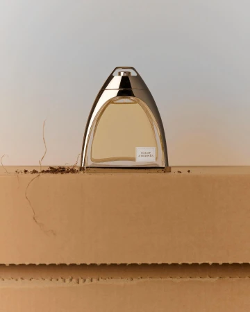Stirrup-shaped glass perfume bottle resting on a cardboard box with scattered dried roots and a neutral gradient background