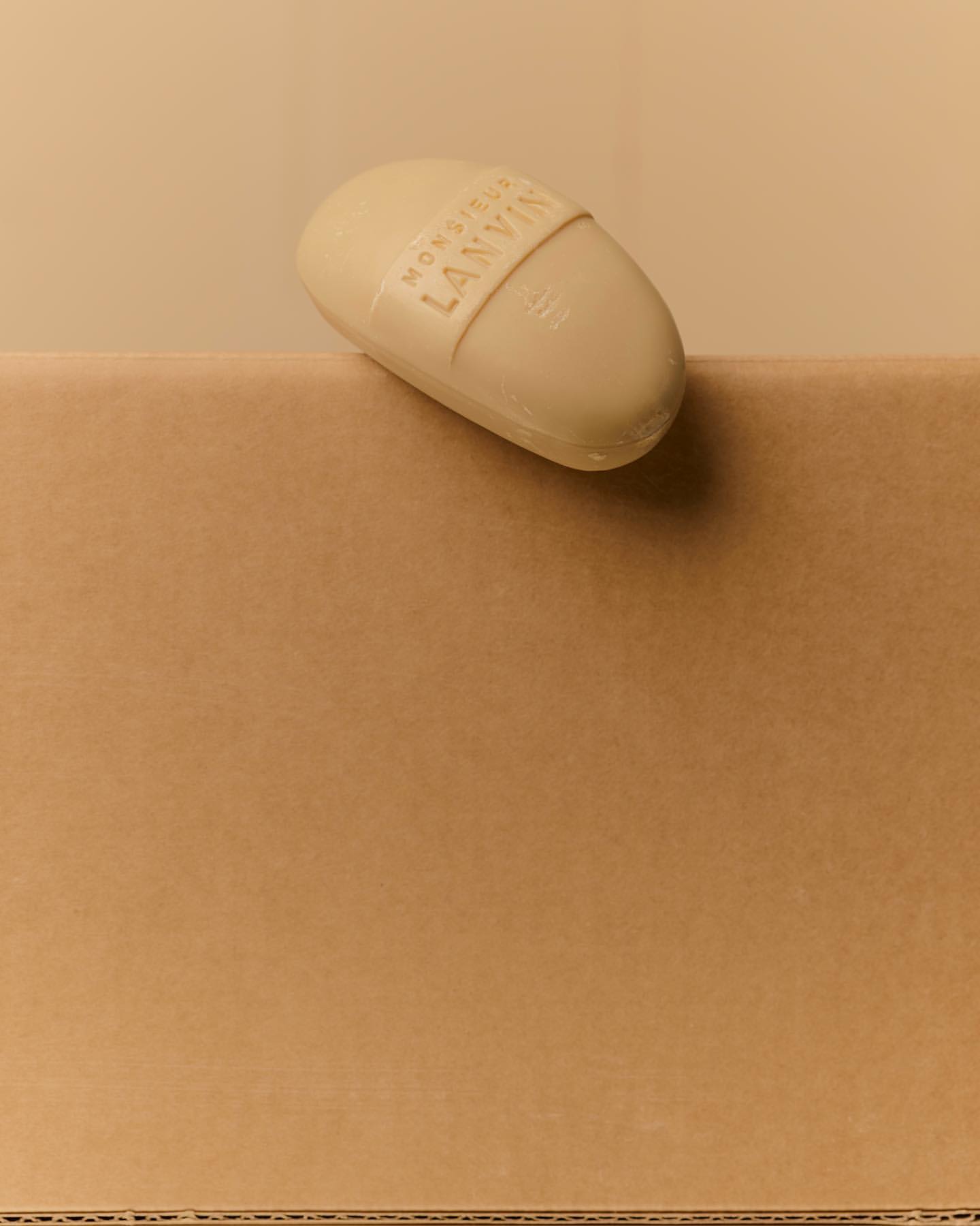 Tan-colored soap bar rests on brown cardboard box with neutral background; 'Monsieur Lanvin' text visible on band around soap.