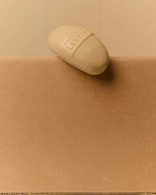 Tan-colored soap bar rests on brown cardboard box with neutral background; 'Monsieur Lanvin' text visible on band around soap.