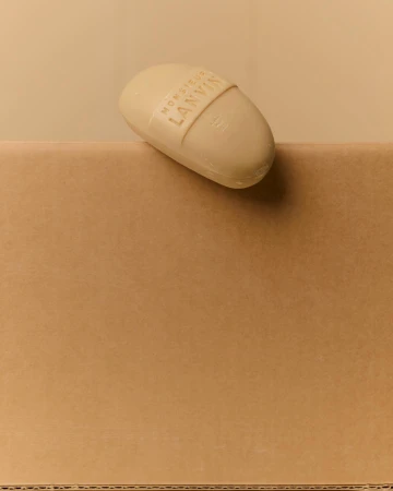 Tan-colored soap bar rests on brown cardboard box with neutral background; 'Monsieur Lanvin' text visible on band around soap.