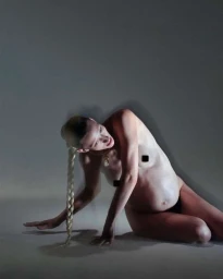 Pregnant woman with long blonde braid wearing a necklace, posed on a grey seamless studio backdrop by Roberto Greco.
