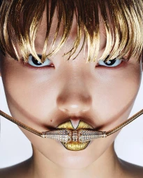 Extreme close-up beauty portrait of a model holding a jeweled gold necklace in her lips, with metallic fringe hair and gold lipstick.