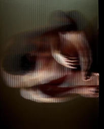 Abstract portrait of a human figure distorted and fragmented through vertical ribbed glass stripes