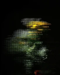Abstract floral arrangement captured with vertical stripe distortion and glitched pixelation against a black background.