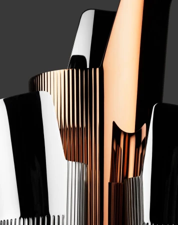 Abstract product shot featuring a collection of glossy, striped, and corrugated metallic structures in copper, silver, black, and white tones.
