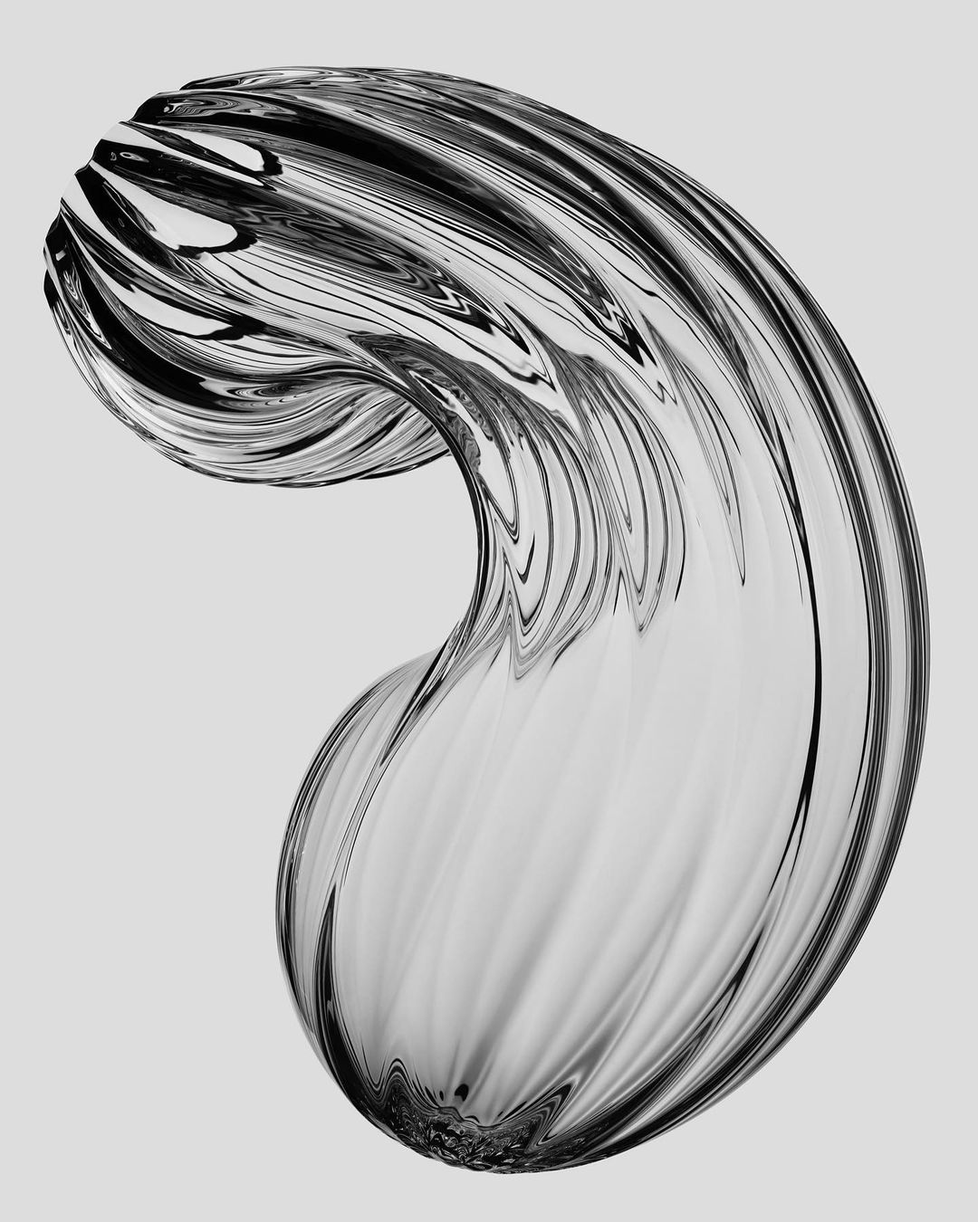 Abstract CGI rendering of a shiny, black and white twisted shape against a gray background, creating a surreal and modern design.