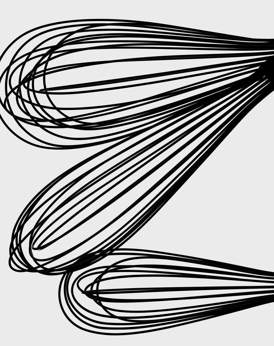 Graphic black and white artwork of overlapping metal kitchen whisks on a grey background, creating a visually striking minimalist composition.