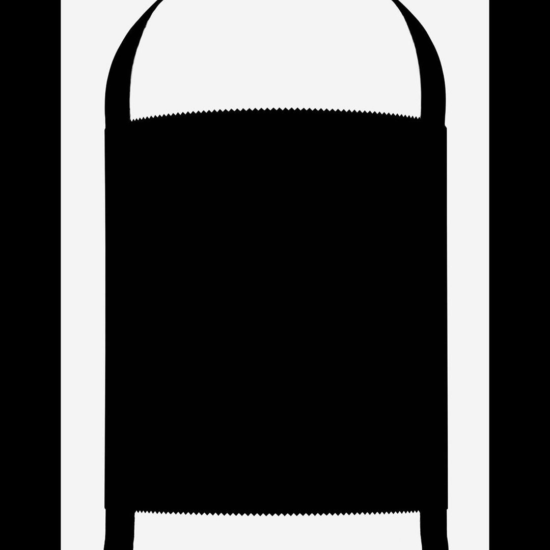 Graphic image of an apron in black and white, featuring a square body and straps, against a background of black and white stripes.