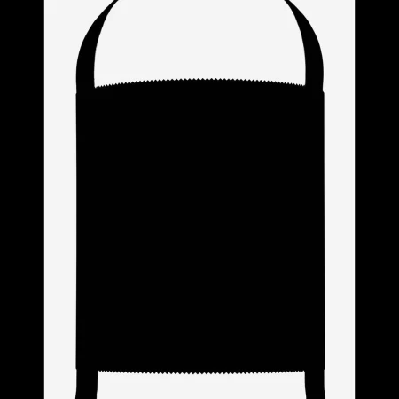 Graphic image of an apron in black and white, featuring a square body and straps, against a background of black and white stripes.
