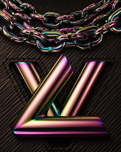 Close-up of a iridescent metal chain and a black textured surface with an iridescent 'LV' logo, creating a luxurious fashion accessory.