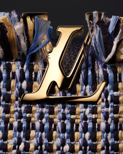 Close-up of a Louis Vuitton handbag featuring a gold logo and a woven tweed design in shades of blue, white, and beige.