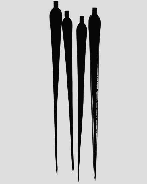 Four black wind turbine blades on a light gray background. Minimalist design featuring sleek, aerodynamic shapes in a clean composition.