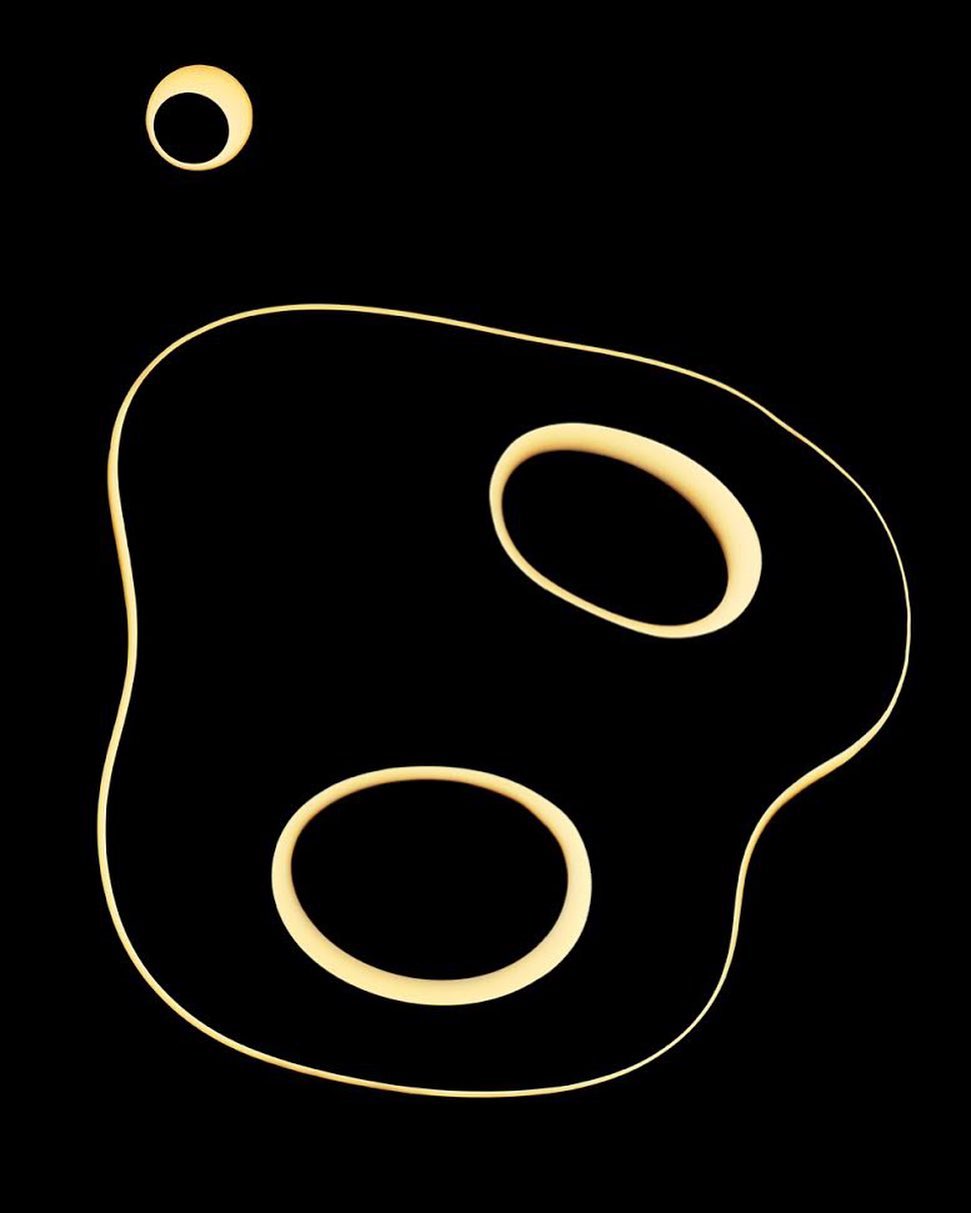 Abstract composition with white ring shapes and curved lines against a black background, creating a minimalist and modern design.