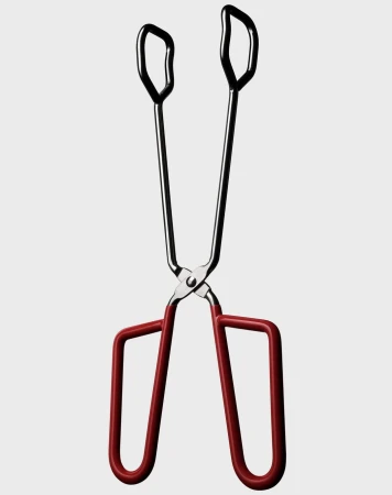 Silver and red cooking tongs on a white background, studio shot. Stainless steel construction. Kitchen utensil for grilling, serving, cooking.
