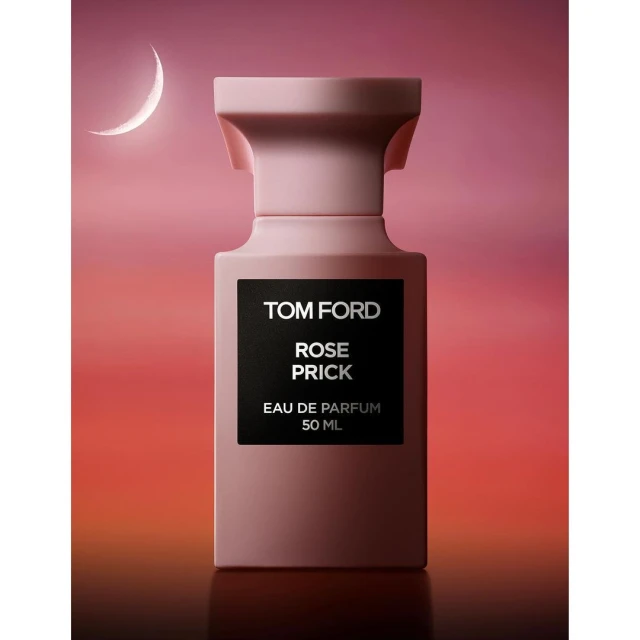 Rose Prick Eau de Parfum bottle by Tom Ford against pink and orange background with a crescent moon in the upper left.