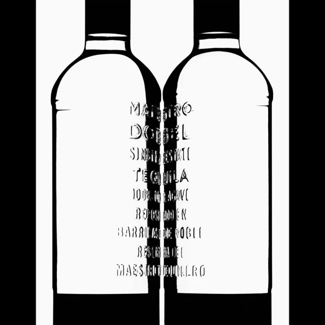 Two stylized white liquor bottles with a black background showcase minimalist design with text labels on the bottle bodies.
