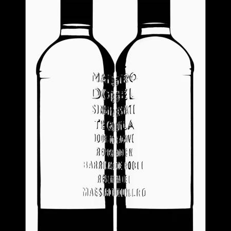 Two stylized white liquor bottles with a black background showcase minimalist design with text labels on the bottle bodies.