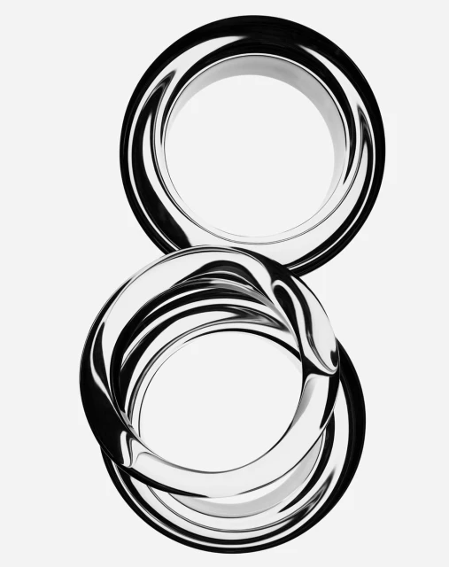 Abstract black and white product shot featuring two shiny, hollow metal rings interlocked against a bright white seamless background.