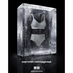 Grey bra and underwear frozen inside a massive vertical block of ice against a black background.