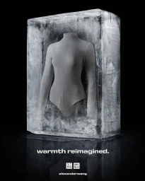 Grey turtleneck long-sleeve bodysuit encased inside a large rectangular block of melting ice against a black background