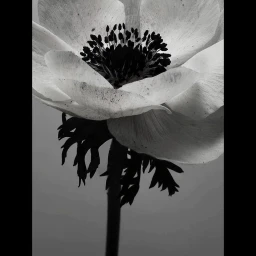 Close-up black and white macro photograph of a single flower bloom with delicate petals and a dark textured center.
