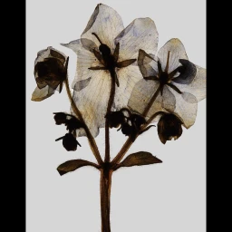 Pressed translucent blue and brown dried flowers on a neutral pale background