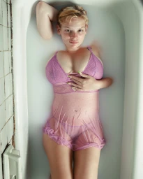 A woman in a sheer pink lace lingerie set lies submerged in a white milk bath inside a vintage tiled tub, captured from above.