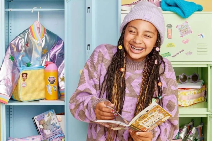Smiling young woman with braces reads a sticker book in front of colorful lockers, wearing a purple knit hat and patterned sweater.