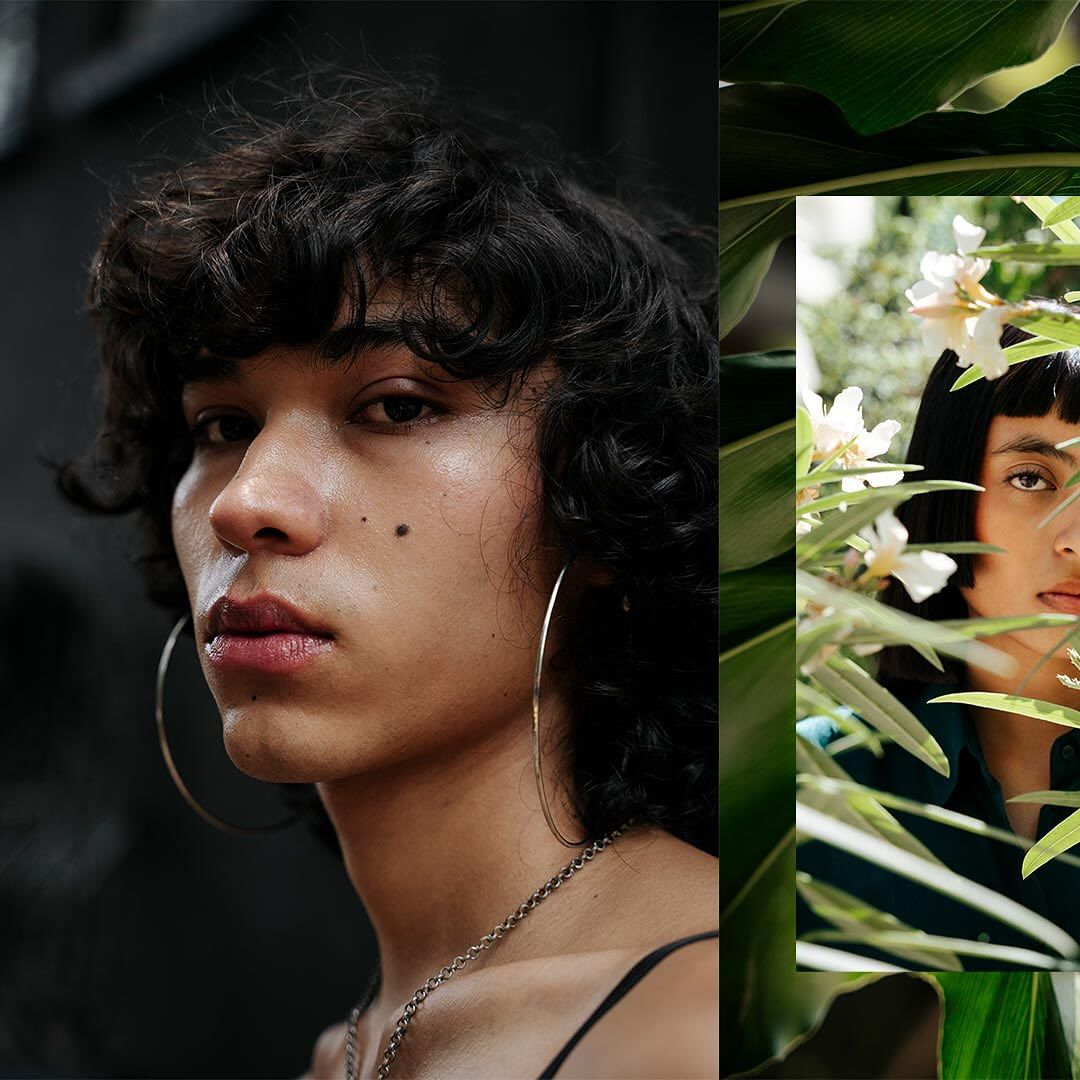 Two portraits side-by-side feature adult faces, one with dark curly hair and large hoop earring, the other partially obscured by greenery and flowers.