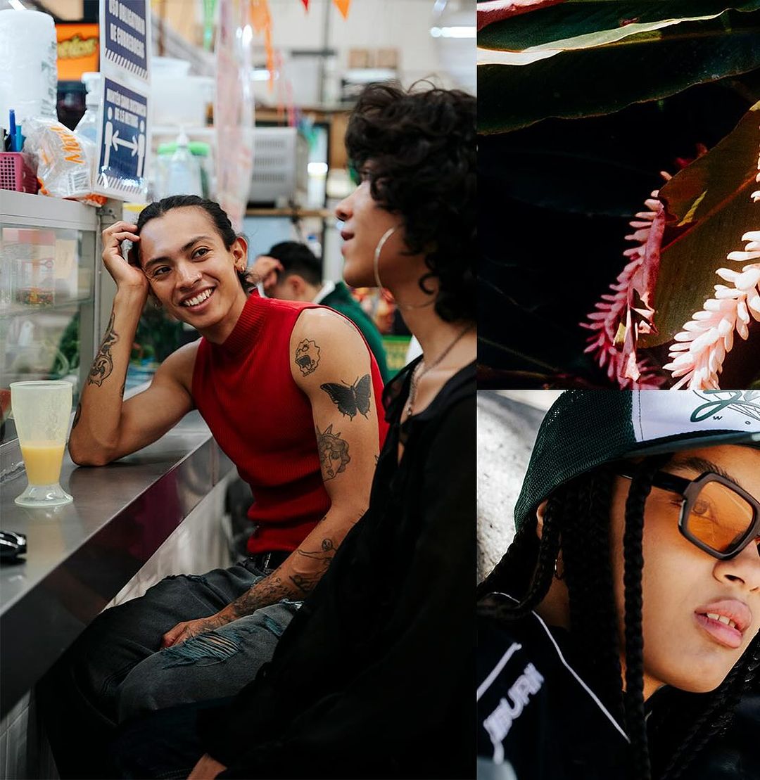 Split image of two young adults in an indoor market, with views of foliage and a face wearing sunglasses.